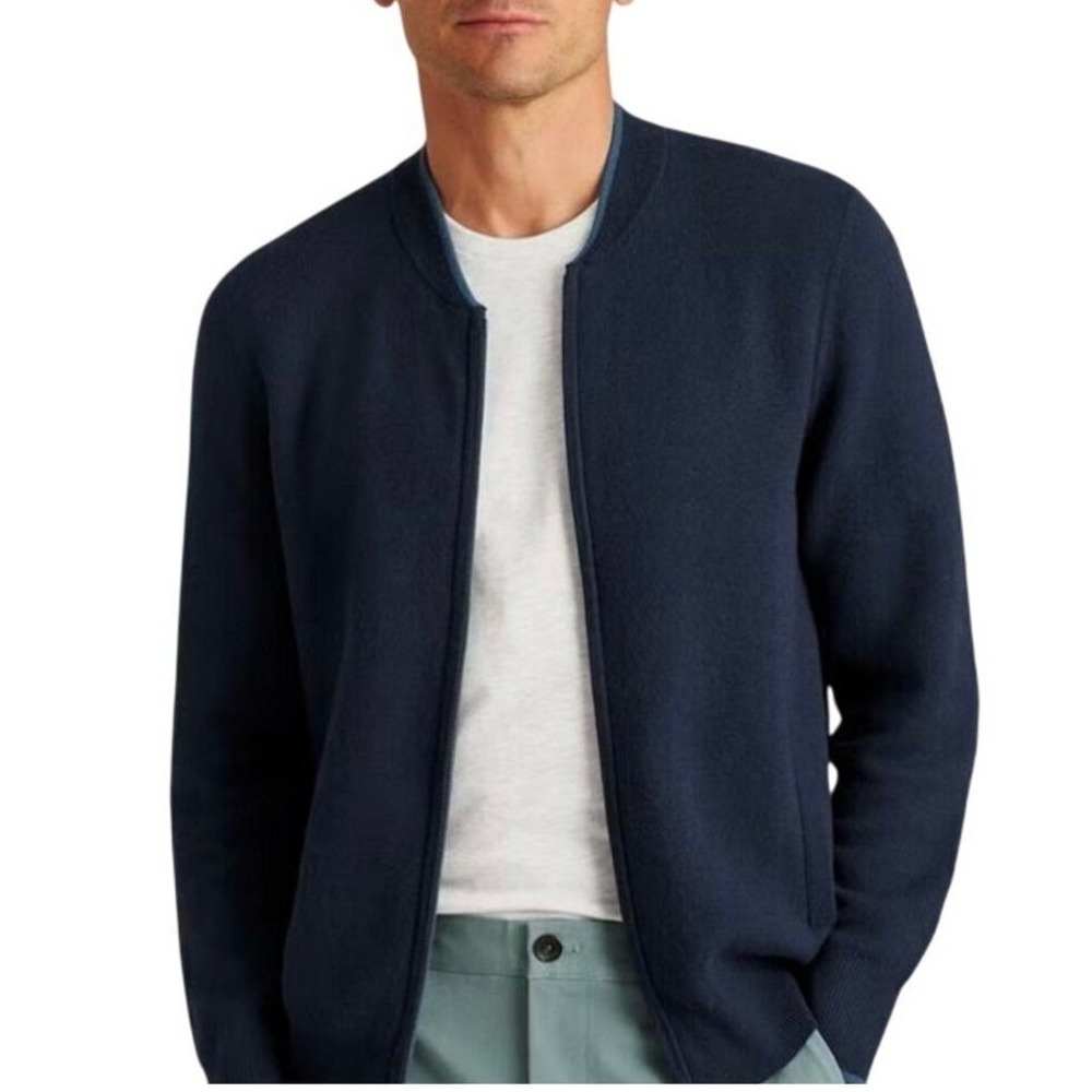 Bonobos Wool Alpaca Blend Full Zip Sweater Blue Preppy Minimalist Bomber